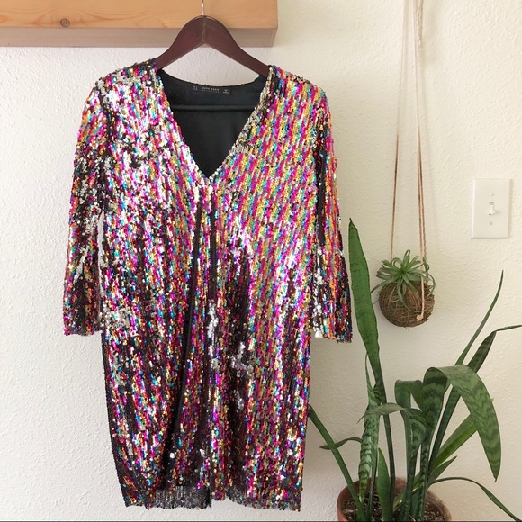 Zara rainbow/silver sequin shift dress - Picture 2 of 8